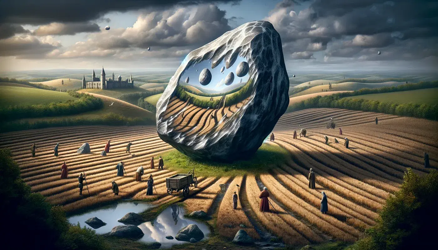 AI generated image of a surreal and perplexing scene set in medieval times, featuring a mirror-like rock on a field. The rock's reflective surface casts confusing drops of shadow in various directions, creating an eerie and mysterious atmosphere. The landscape includes typical medieval elements such as rolling hills, a distant castle, and peasants working the land.